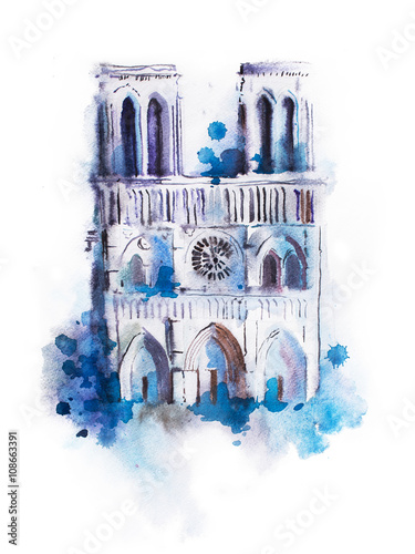 Watercolor drawing of Notre-dame. aquarelle Paris view painting