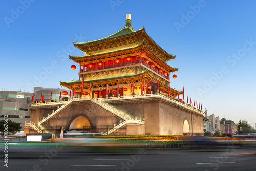 ancient tower at dusk in xian city wall ,China