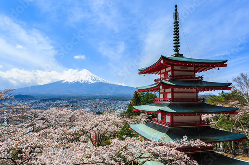Mt Fuji, Chureito Pagoda or Red Pagoda with sakura.