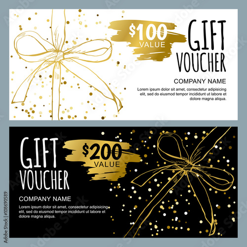 Vector gift voucher template with hand drawn bow ribbons. Golden, black and white doodle holiday cards. Design concept for gift coupon, invitation, certificate, flyer, banner, ticket.