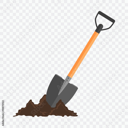 Shovel in the ground. Gardening tool on checked background.