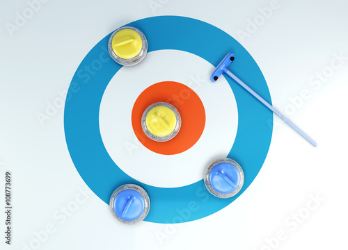 Group of curling stones top view of the ice shuffleboard. 3d rendering.