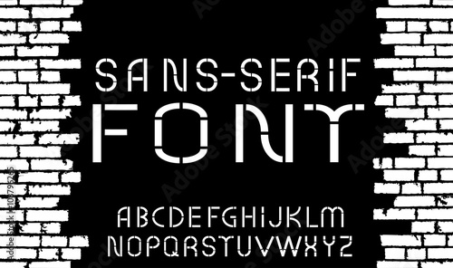 Black and white sans-serif modern font on old brick wall background. Vector illustration