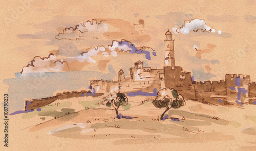 David's tower - old city of Jerusalem view. Israel. Vintage style. Digital Illustration. Hand Drawn