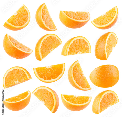 Collection of 16 orange slices isolated on white background