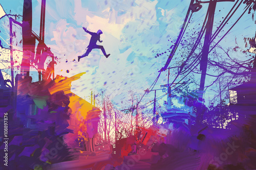 man jumping on the roof in city with abstract grunge,illustration painting