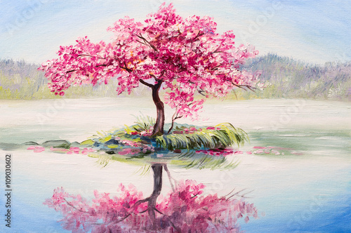 oil painting landscape, oriental cherry tree, sakura on the lake