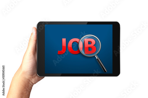 Hand holding digital tablet with Job search on display, Job search concept