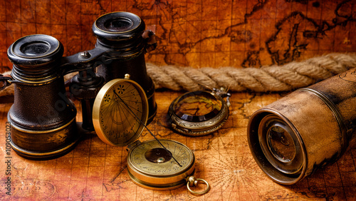 Old vintage retro compass and spyglass on ancient world map