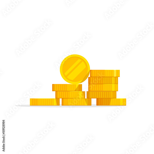 Coins stack vector illustration, coins icon flat, coins pile, coins money, one golden coin standing on stacked gold coins modern design isolated on white background