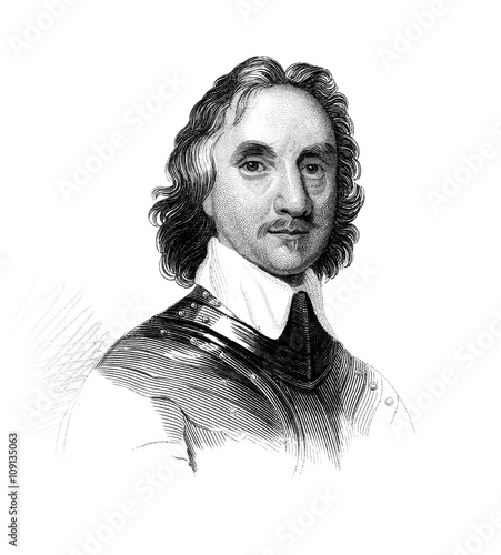 An engraved vintage illustration portrait image of Oliver Cromwell 1599-1658, from a Victorian book dated 1847 that is no longer in copyright