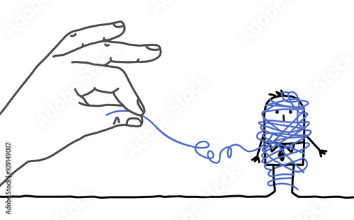 big hand and cartoon businessman - untangling