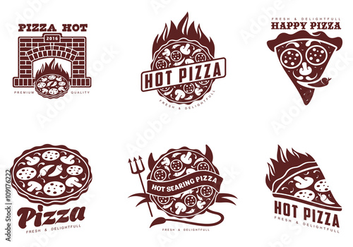 Logos pizza, fast food, monochrome badges pizza, pizza with mushrooms, salami, in the oven, slice of pizza with peppers, hot Italian fast food, labels for food products, cafe, restaurant