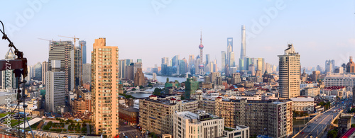  Wide panoramic view of Shanghai skyline.