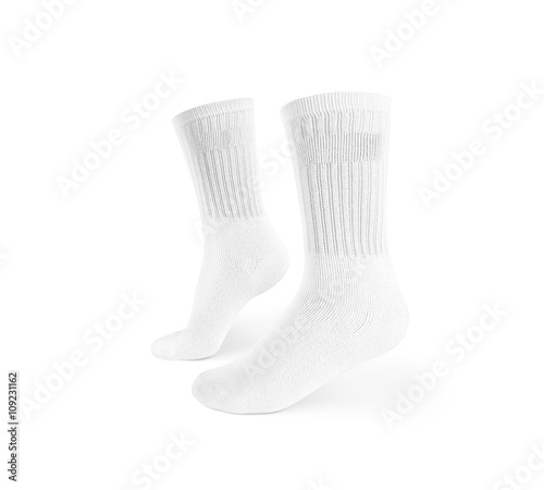 Blank white socks design mockup, isolated, clipping path. Pair sport crew cotton socks wear mock up. Long clear soft sock stand presentation. Men basketball, football, tennis plain socks template.