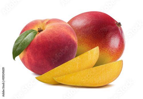 Mango peach slices isolated on white background