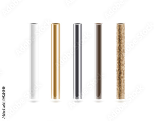 Metal pipes set isoalted on white. Shiny metallic cylinder pipe, silver, grey, golden, chrome, steel, rusty. Gold pole design. Glossy color stick gradient graphic design. Rust column tube with hole.