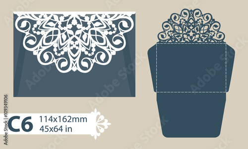 Template congratulatory envelope with carved openwork pattern. Template is suitable for greeting cards, invitations, menus, etc. Picture suitable for laser cutting or printing. Vector. Easy to edit