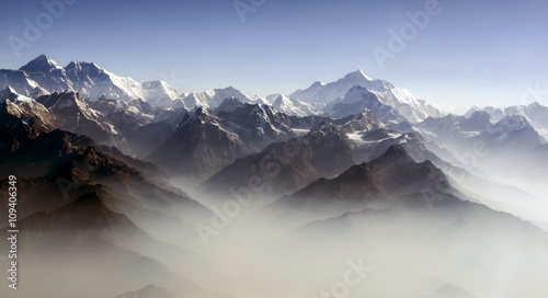 Everest Peak and Himalaya Everest mountain range panorama - Himalayas mountains Everest range panorama aerial view, Nepal..