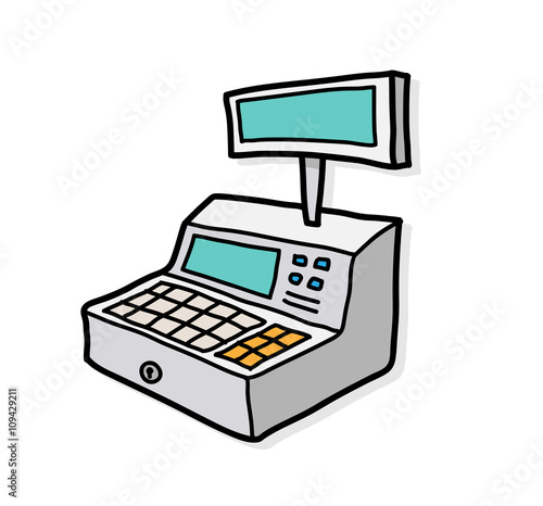 Cash Register, a hand drawn vector illustration of a cash register with shadow backdrop (separate group).