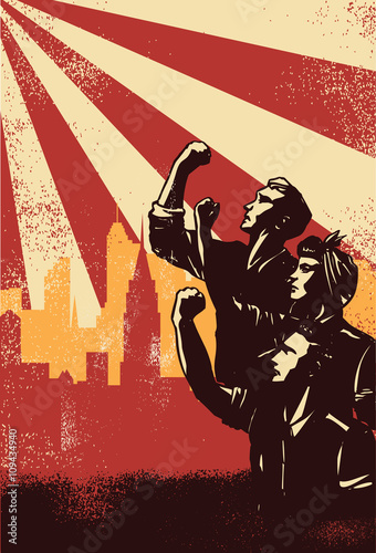 Revolution Poster, workers raising fists with cityscape background, vector