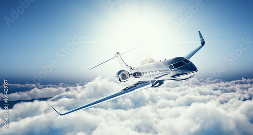 Image of black luxury generic design private jet flying in blue sky at sunset. Huge white clouds background. Luxury travel concept. Horizontal. 3d rendering