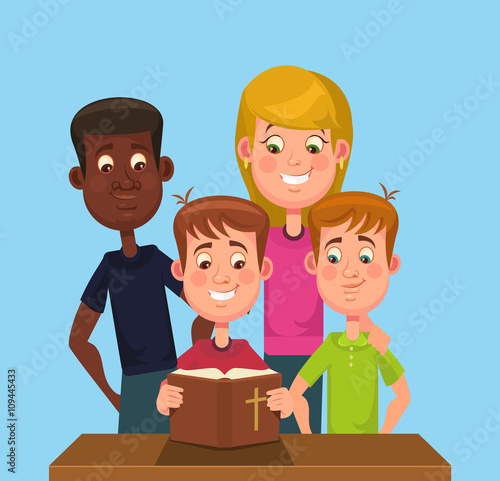 Children read the Bible. Vector flat cartoon illustration