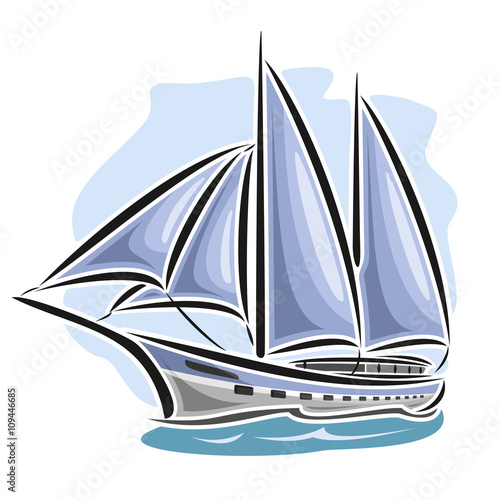 Vector logo sailing yacht, sailboat, sailer, gaff tender, gaff yawl, bermuda ketch, sloop, ship, sailing, boat, floating blue sea, ocean, waves. Cartoon sailing boat, sea regatta, yachting sport