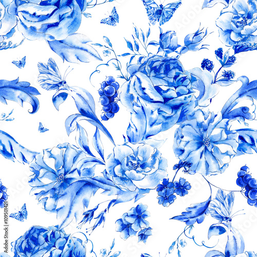 Vintage seamless pattern with blue watercolor roses