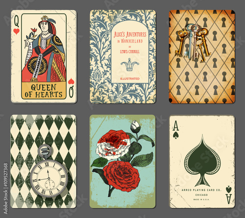 Alice in Wonderland Cards - Set of cards illustrating famous novel by Lewis Carroll, including Queen of Hearts, white roses painted red, White Rabbit's clock, book title page and keyhole wall