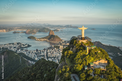 Aerial view of Christ and Botafogo Bay from high angle.