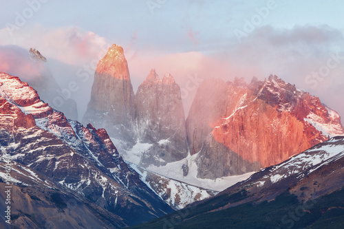 Lighting of the Torres del Paine at sunrise, Chile