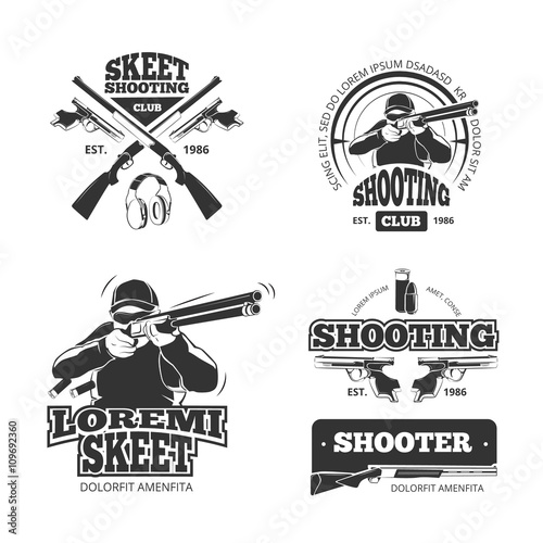 Retro weapons, shooting vector labels, emblems, badges, logos. Shooting weapon, shooting badge, shooting emblem and shooting label, shooting club illustration