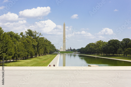 The photograph of Washington DC, looking eastwards along the ceremonial grand urban tree-lined boulevard, the National Mall towards America's national monument