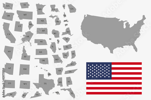 Set of gray USA states on white background - vector illustration. Simple flat map - United States. USA flag, general map and all states individually.