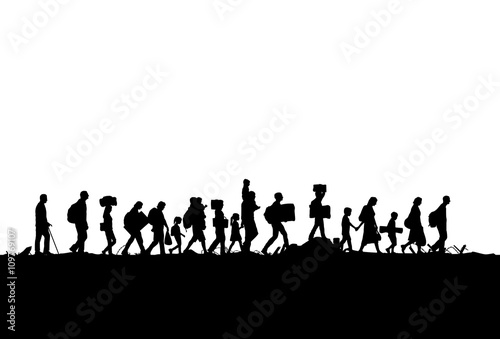 Silhouette of refugees people walking