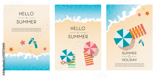 Set of summer travel fliers with beach items and wave. Vector illustration