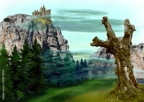 mountain landscape with a dry tree and an ancient castle in the