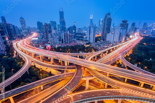 Aerial view of a highway overpass at night in Shanghai - China.