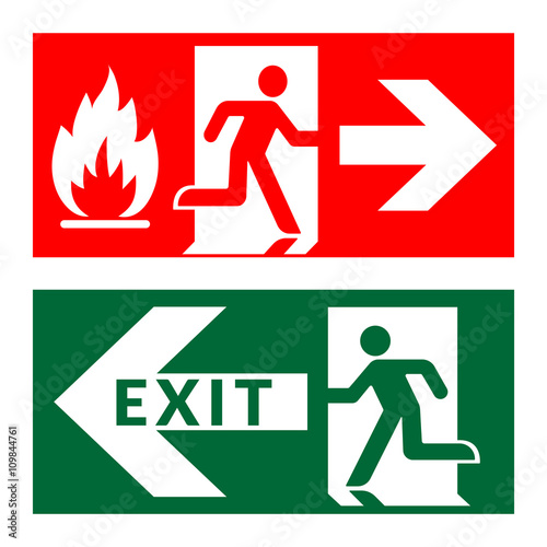 Exit sign. Emergency fire exit door and exit door. Green and red icon on white background. Safe condition symbol. Public information label with flame, human figure and arrow. Stock Vector illustration