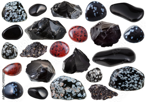 set of various obsidian natural mineral stones