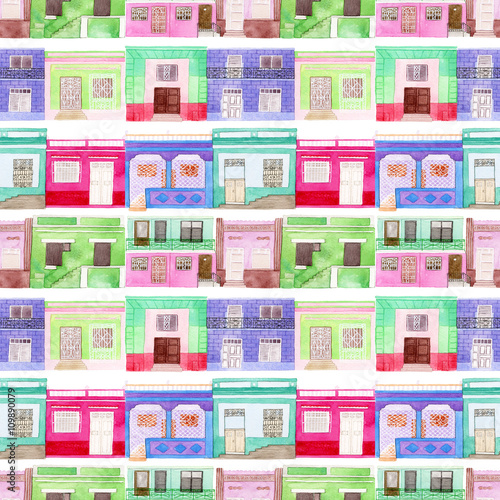 Old colorful house set. Seamless pattern with hand drawn houses - buildings from Latin America towns. Real watercolor drawing.