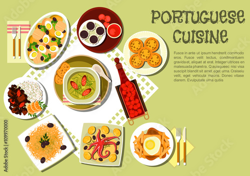 Bright national dishes of portuguese cuisine icon