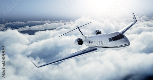 Realistic photo of White Luxury generic design private jet flying over the earth. Empty blue sky with white clouds at background. Business Travel Concept. Horizontal. 3d rendering