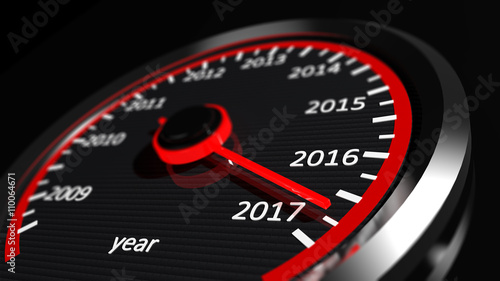 3D rendering of speedometer with 2017 closeup, on black background.