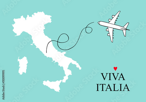 Italy and Sicily map postcard design vector, map card with plane outline on a blue background 