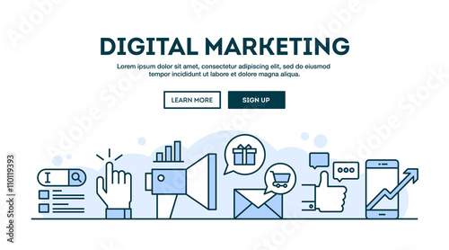 Digital marketing, concept header, flat design thin line style