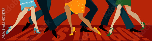 Let's tango banner with legs of three couple dancing tango, EPS vector illustration, no transparencies 