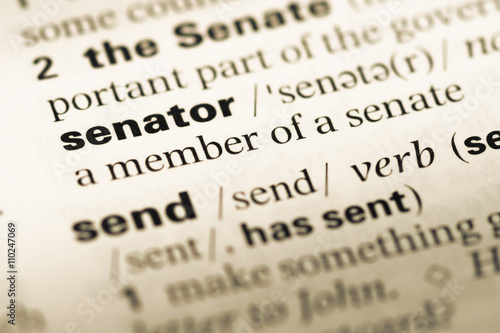 Close up of old English dictionary page with word senator