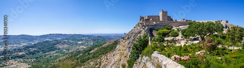 The Marvao Castle located on top of a cliff with a view over the Alto Alentejo landscape. Marvao, Portalegre District, Alto Alentejo Region, Portugal. Candidate to World Heritage Site by UNESCO.